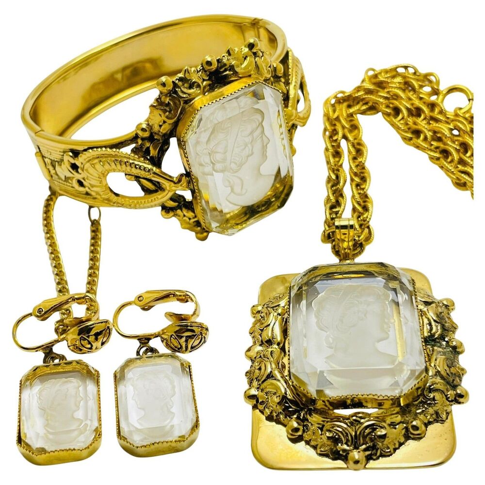 Vintage gold tone carved glass cameo necklace bracelet earrings set